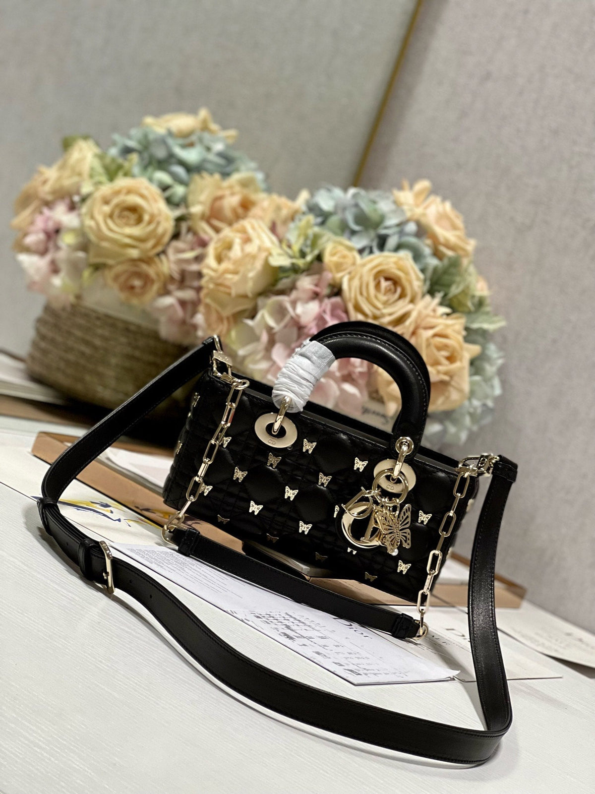 DIOR SMALL LADY D-JOY 22 BUTTERFLY STUD BLACK LAMBSKIN