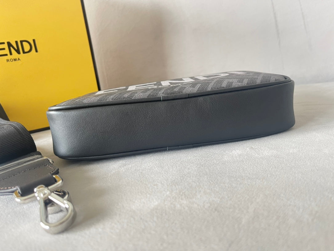 FENDI ROMA 22 CLUTCH BAG IN DARK GREY FF CALFSKIN SILVER HARDWARE WITH WHITE LOGO