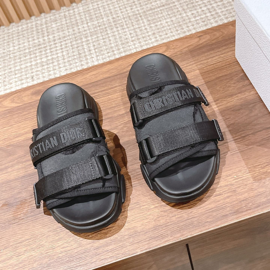 DIOR PLATFORM SLIDES 25S 30 MM IN BLACK FABRIC AND CALFSKIN