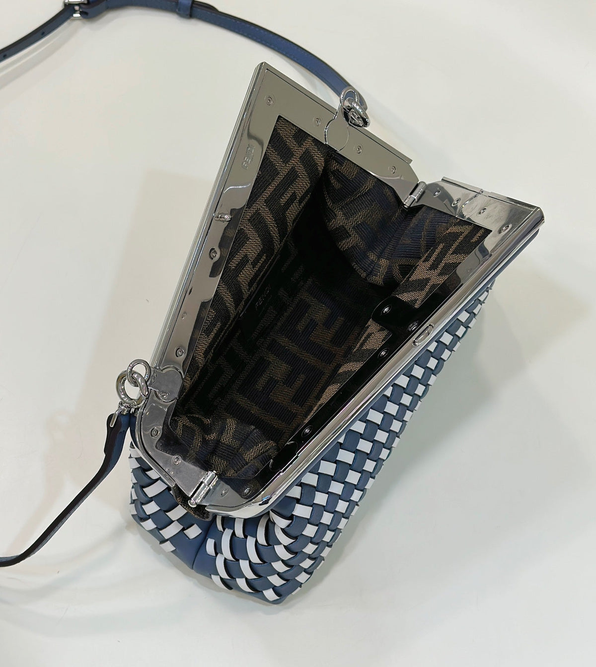 FENDI 26 FIRST SMALL IN MIDNIGHT BLUE MIX WHITE CALFSKIN SILVER HARDWARE