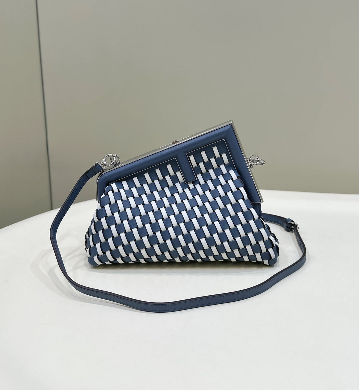 FENDI 26 FIRST SMALL IN MIDNIGHT BLUE MIX WHITE CALFSKIN SILVER HARDWARE