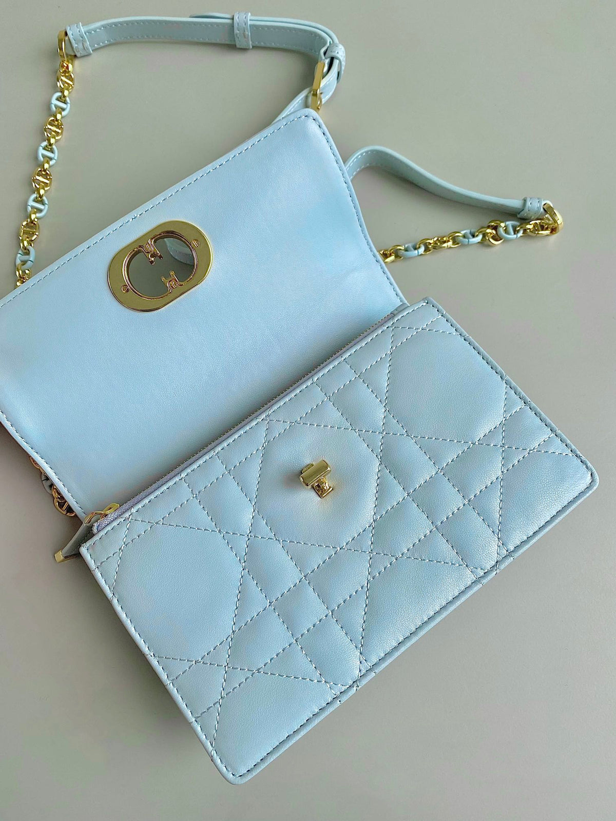 DIOR MISS CARO 17 CHAIN BAG IN LIGHT BLUE LAMBSKIN