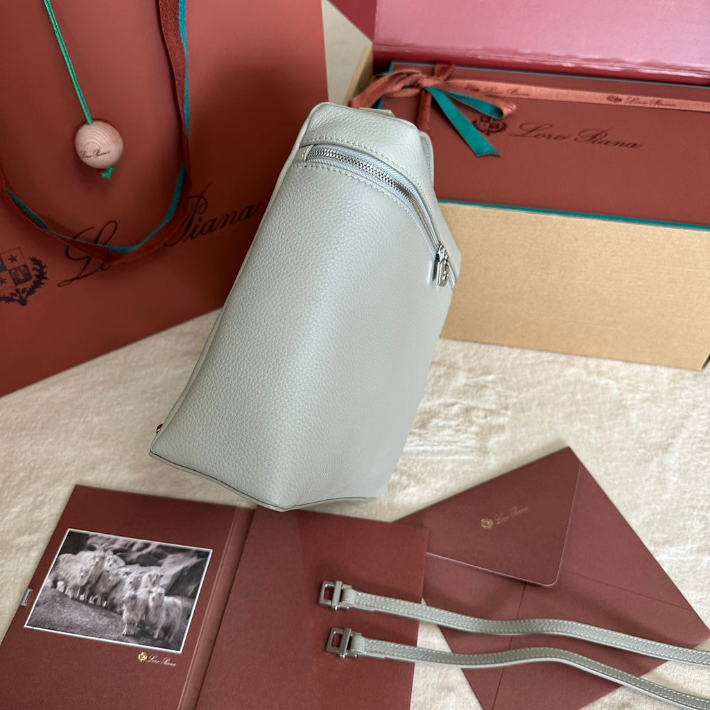 EXTRA POCKET BACKPACK L23.5 IN PEARL GRAY CALFSKIN WITH SILVER HARDWARE