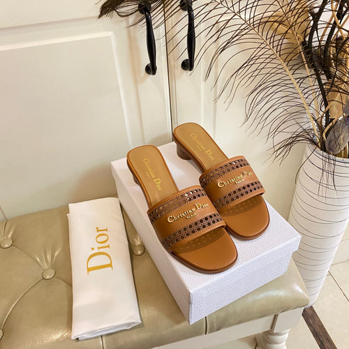 DIOR DWAY HEELED SLIDE IN BRONZE BROWN CALFSKIN WITH GOLD LOGO