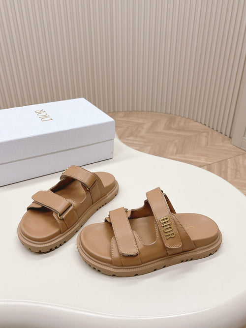 DIOR CLASSIC DOUBLE-STRAP SLIDES 25S IN LIGHT BROWN CALFSKIN