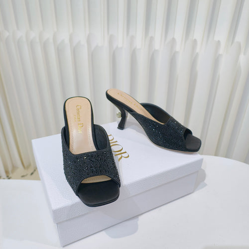 DIOR EMBELLISHED HIGH HEEL SLIDES 25S IN BLACK SATIN AND CALFSKIN