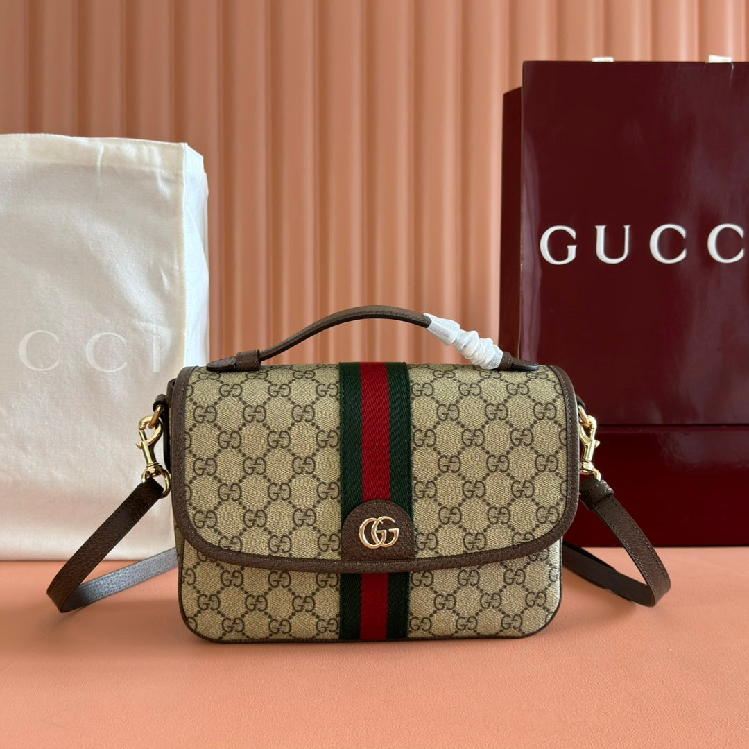 GUCCI 25S OPHIDIA SMALL SHOULDER BAG 24 CM IN BEIGE AND BROWN CALFSKIN