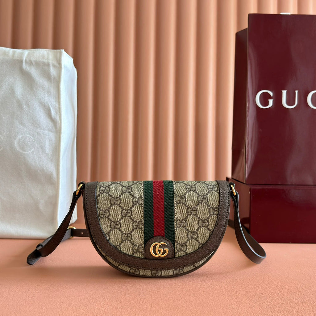 GUCCI 25S OPHIDIA MINI BAG 20 IN DARK BEIGE CANVAS AND BROWN CALFSKIN
