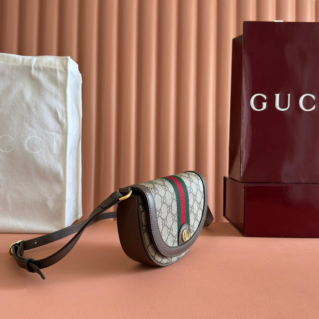 GUCCI 25S OPHIDIA MINI BAG 20 IN DARK BEIGE CANVAS AND BROWN CALFSKIN
