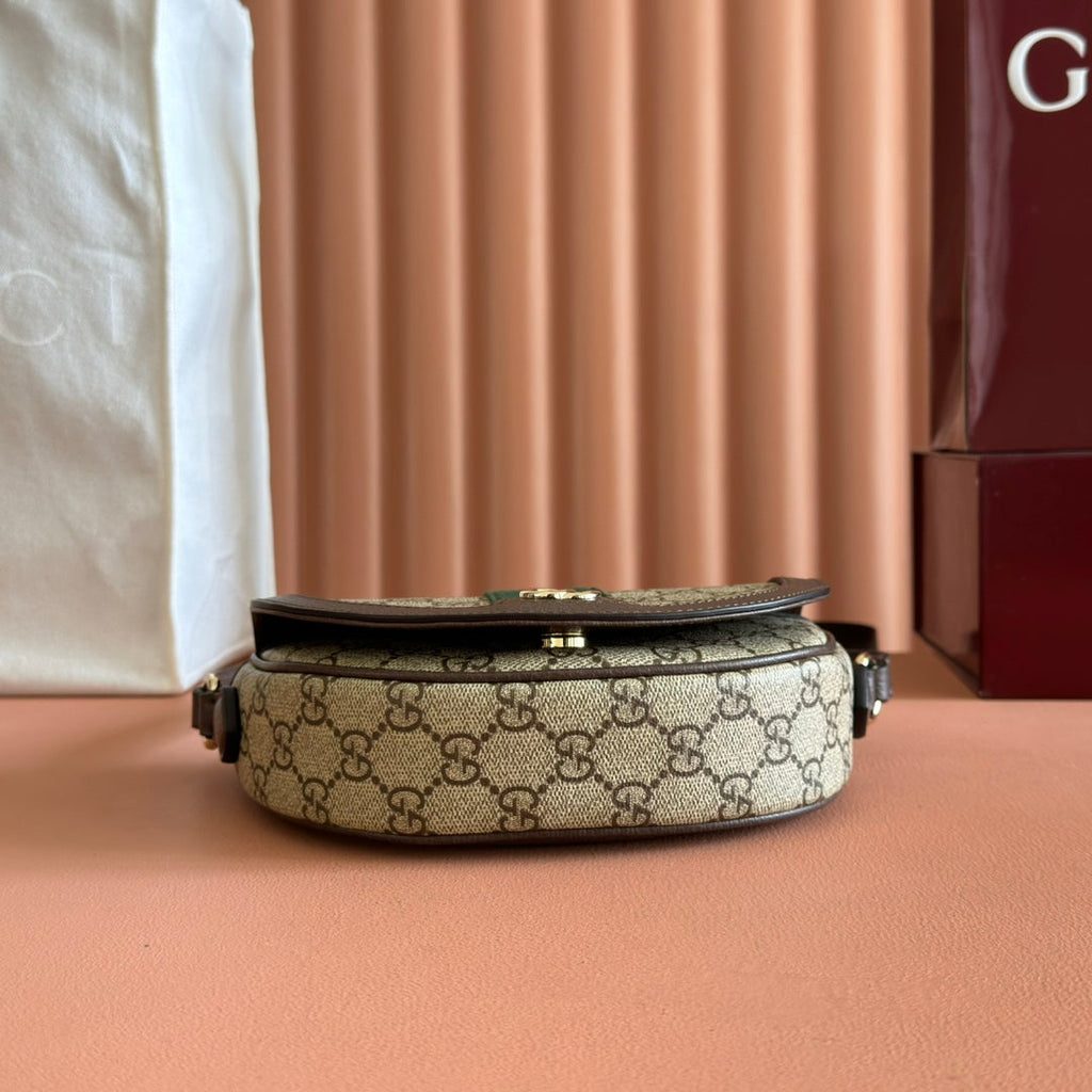 GUCCI 25S OPHIDIA MINI BAG 20 IN BEIGE CANVAS AND BROWN CALFSKIN