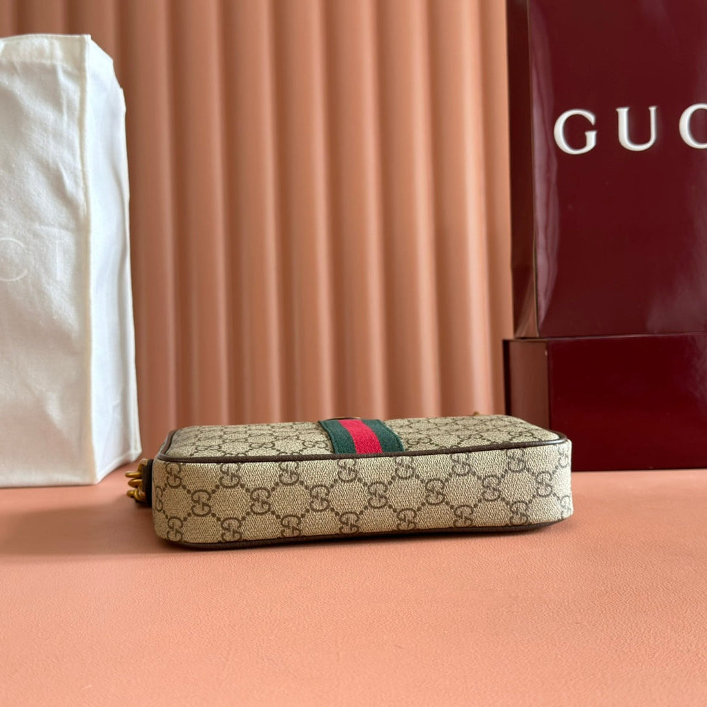 GUCCI 26S OPHIDIA CROSSBODY BAG 24 IN BROWN AND DARK BEIGE CANVAS