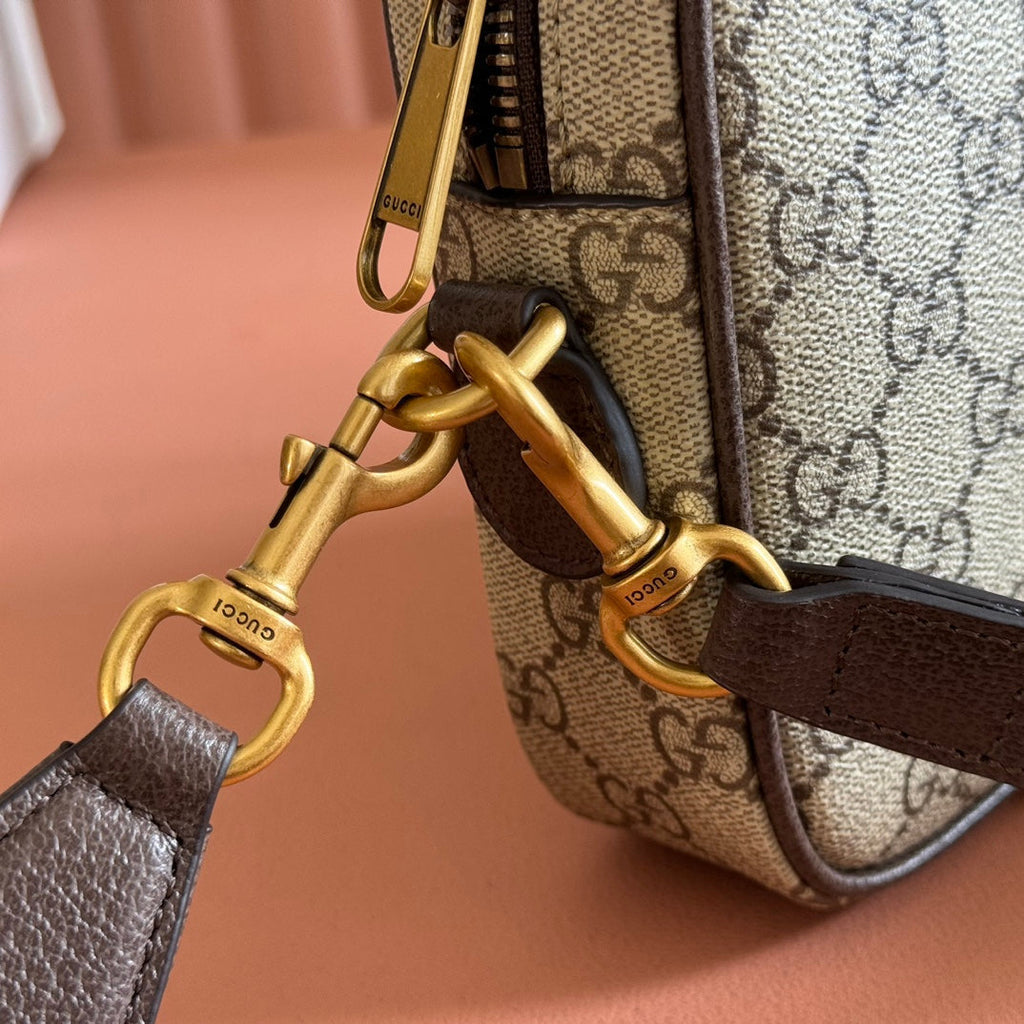GUCCI 26S OPHIDIA CROSSBODY BAG 24 IN BROWN AND DARK BEIGE CANVAS