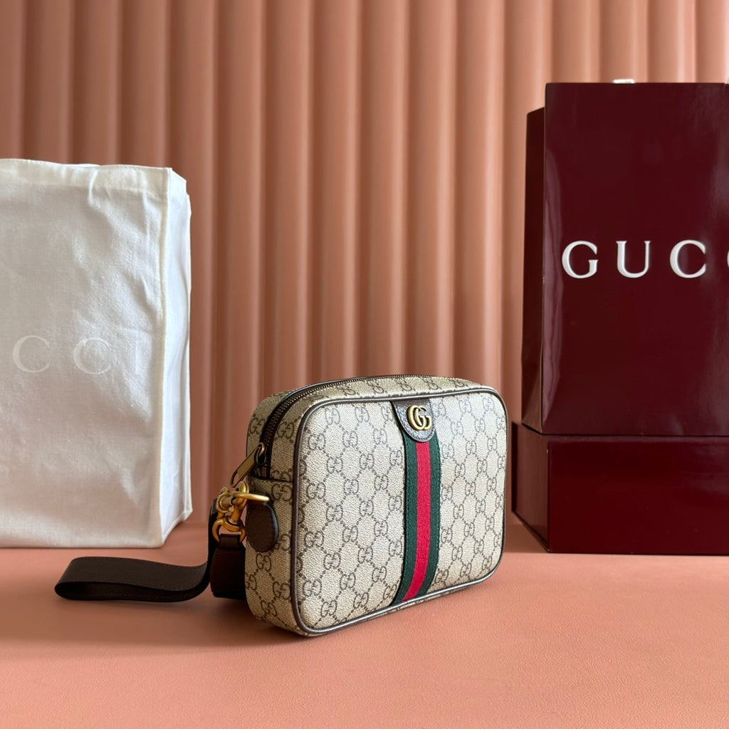 GUCCI 26S OPHIDIA CROSSBODY BAG 24 IN BROWN AND DARK BEIGE CANVAS