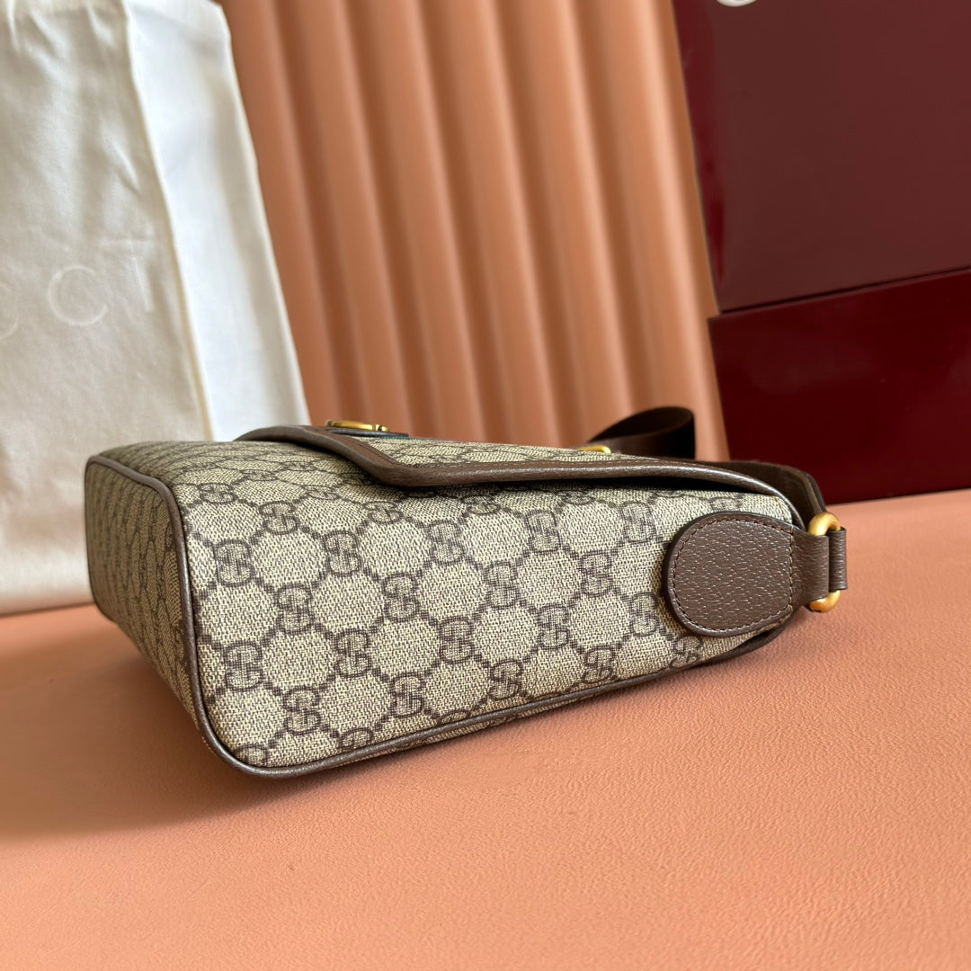 GUCCI 25S OPHIDIA SMALL BAG 28 IN BEIGE CANVAS AND BROWN CALFSKIN