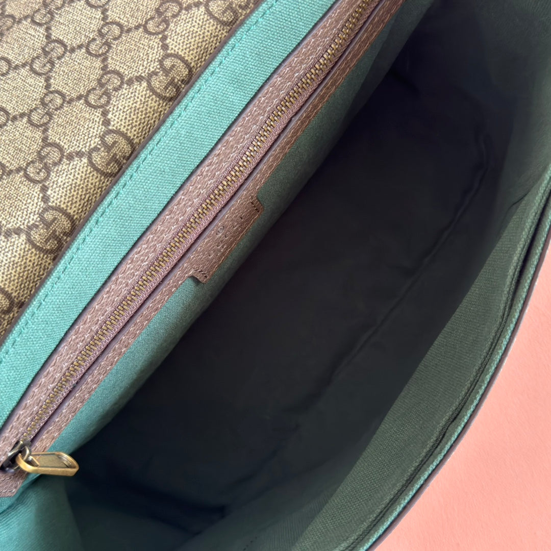 GUCCI 25S OPHIDIA SMALL BAG 28 IN BEIGE CANVAS AND BROWN CALFSKIN