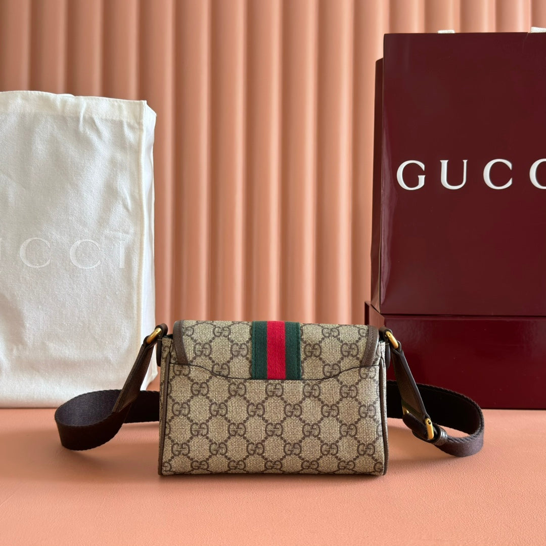 GUCCI 25S OPHIDIA BAG 18 IN BEIGE CANVAS AND BROWN CALFSKIN GOLD HARDWARE