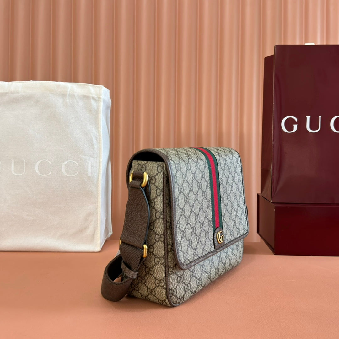 GUCCI 25S OPHIDIA MEDIUM CROSSBODY BAG 28 IN BEIGE CANVAS AND BROWN CALFSKIN