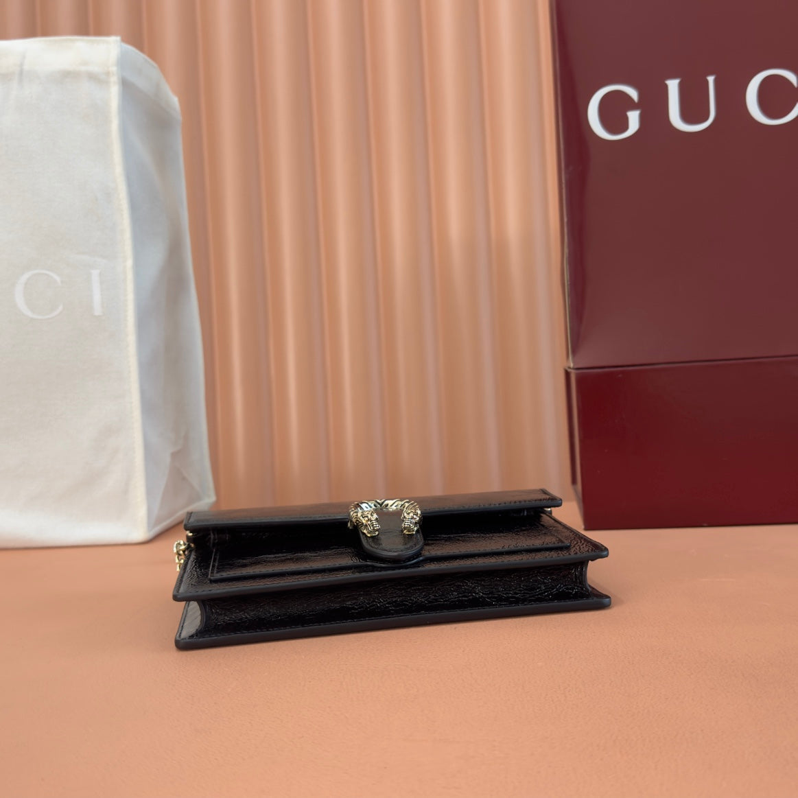 GUCCI 25S DIONYSUS WALLET ON CHAIN 20 IN BLACK GLOSSY CALFSKIN