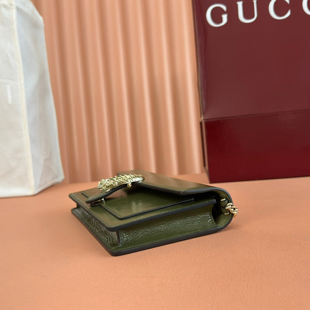 GUCCI 25S DIONYSUS WALLET ON CHAIN 20 IN GREEN GLOSSY CALFSKIN