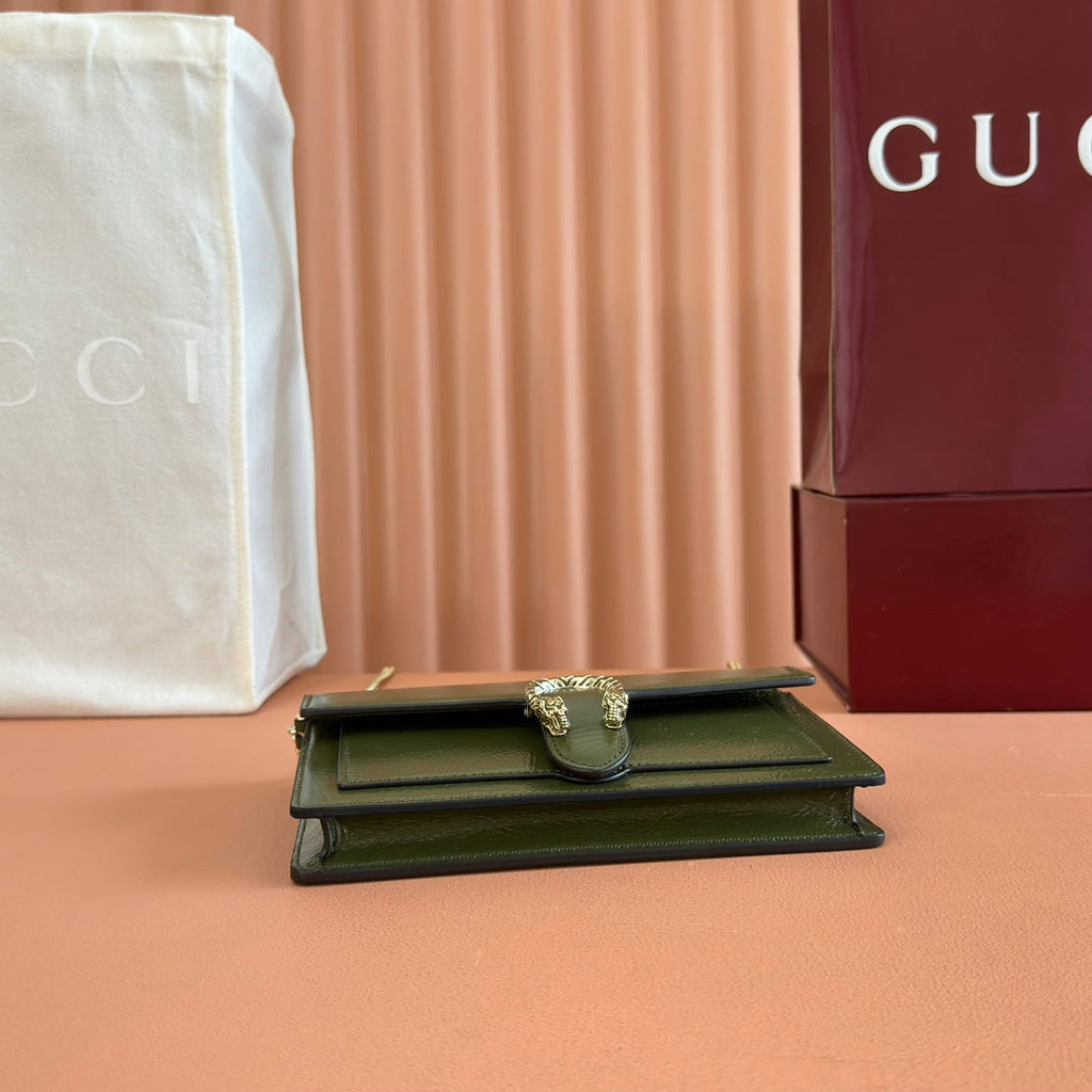 GUCCI 25S DIONYSUS WALLET ON CHAIN 20 IN GREEN GLOSSY CALFSKIN