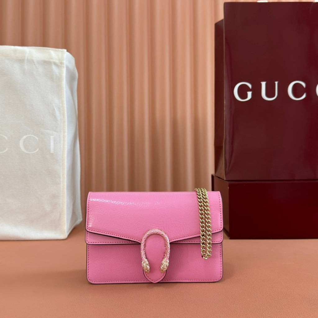 GUCCI 25S DIONYSUS WALLET ON CHAIN 17 IN PINK GLOSSY CALFSKIN