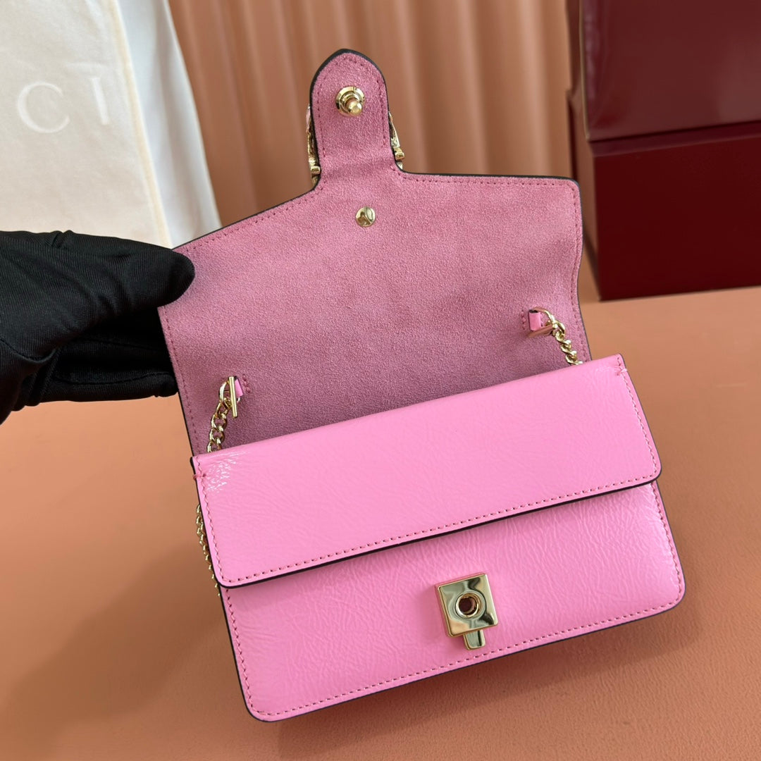 GUCCI 25S DIONYSUS WALLET ON CHAIN 17 IN PINK GLOSSY CALFSKIN