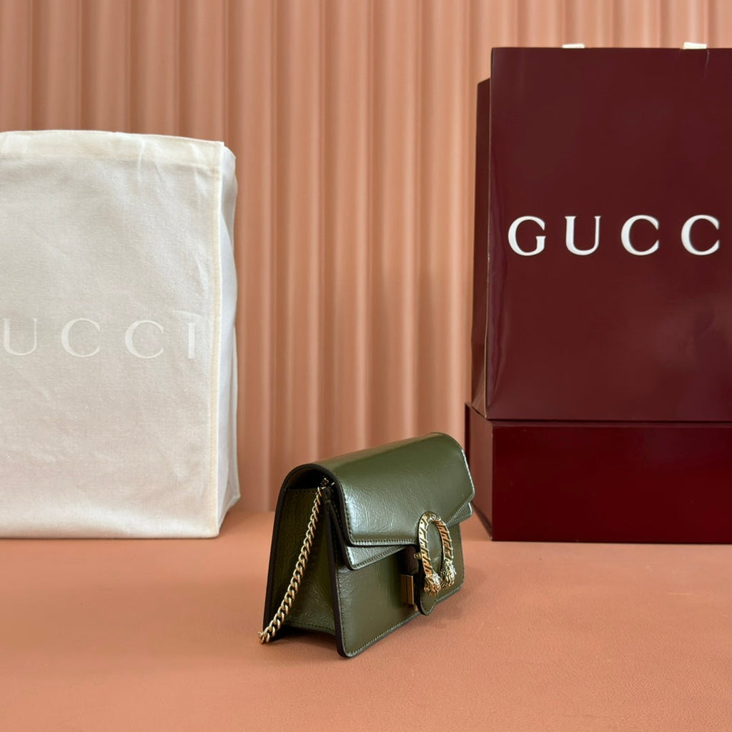 GUCCI 25S DIONYSUS WALLET ON CHAIN 17 IN GREEN GLOSSY CALFSKIN