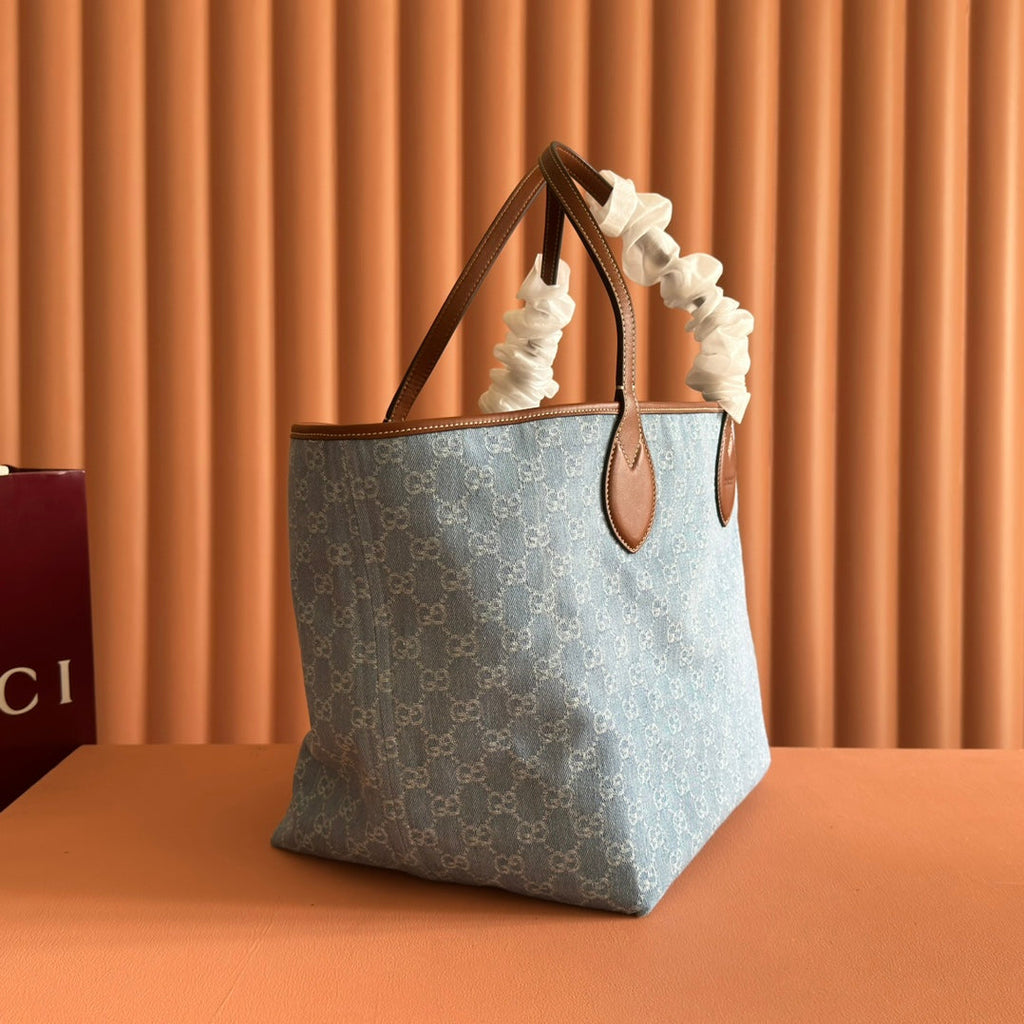 GUCCI 25S TOTISSIMA LARGE TOTE BAG 30 IN BLUE AND WHITE CANVAS