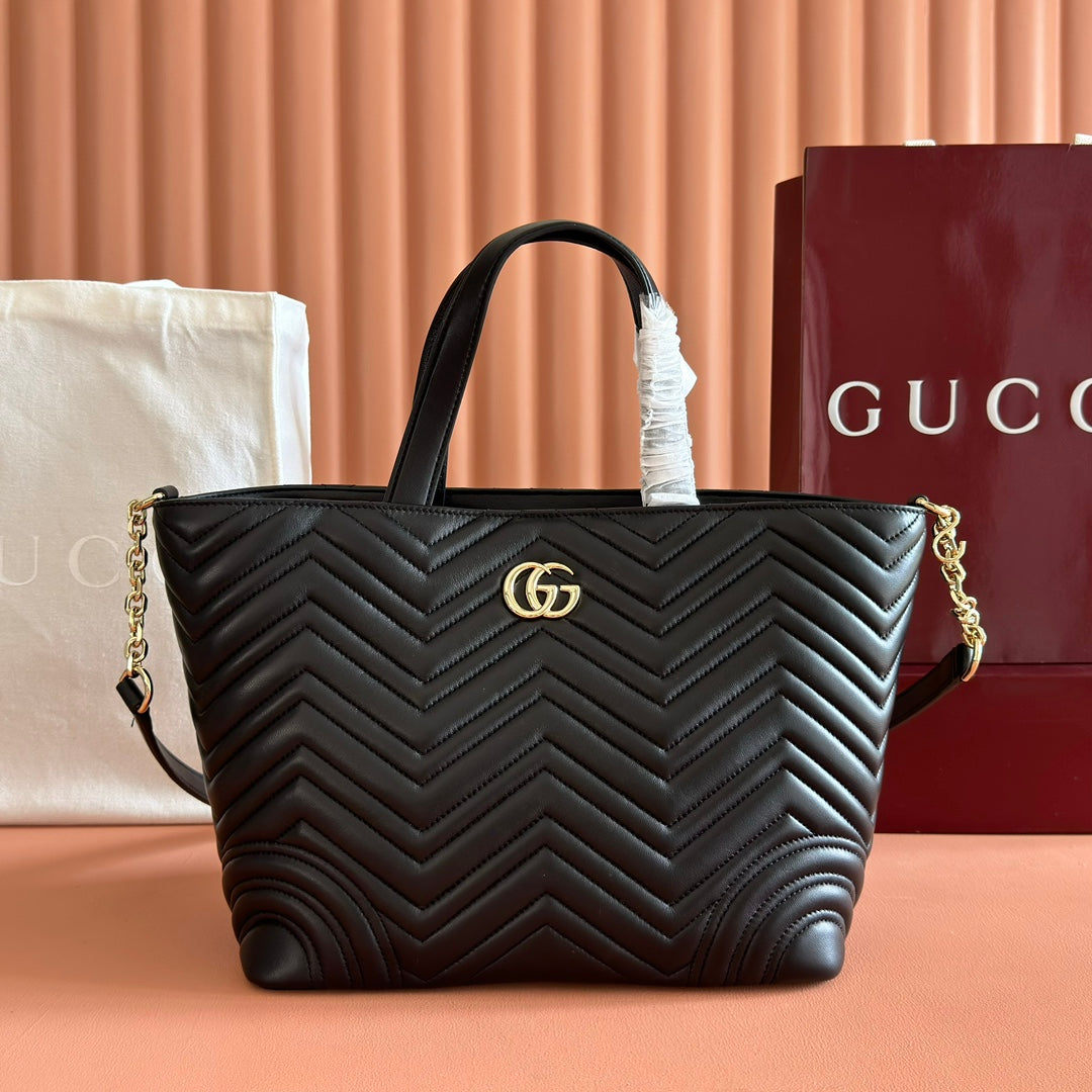 GUCCI 25S SMALL TOTE BAG 39 CM IN BLACK CALFSKIN WITH GOLD HARDWARE