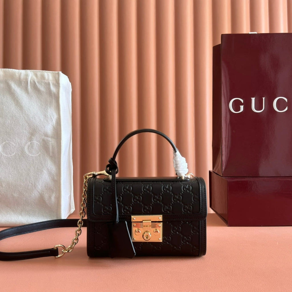 GUCCI 26S PADLOCK BAG 20 IN BLACK EMBOSSED CALFSKIN