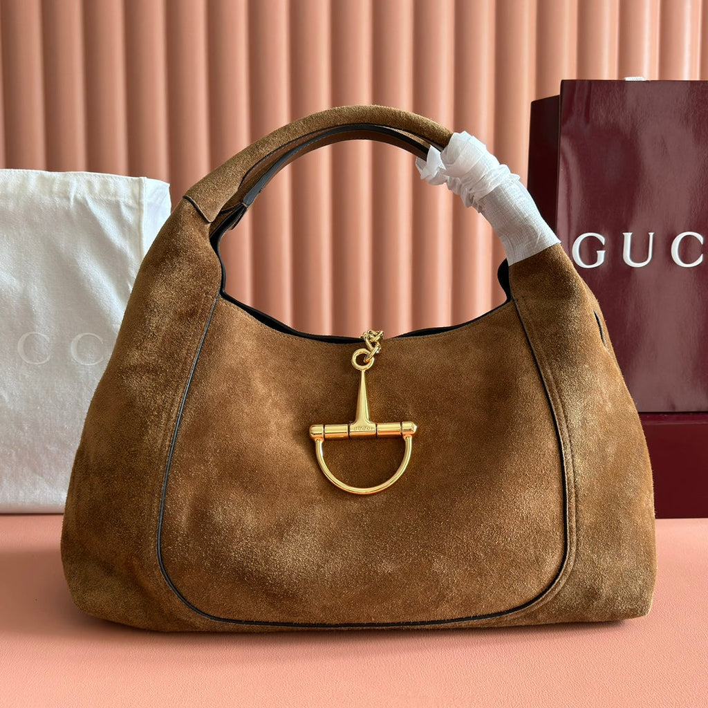 GUCCI 25S HANDBAG 46 CM IN DARK WOOD BROWN SUEDE WITH GOLD HARDWARE