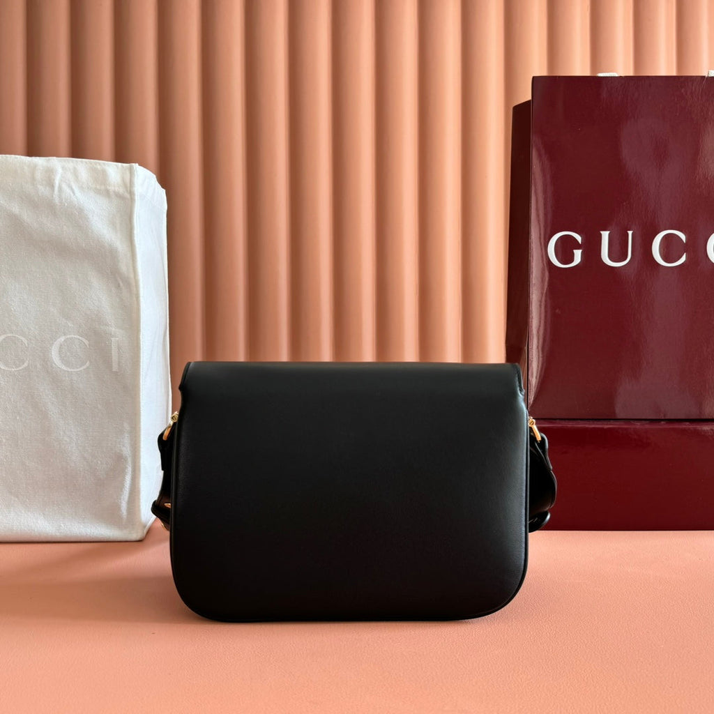 GUCCI 25S HORSEBIT 1955 MINI BAG 26 CM IN BLACK CALFSKIN WITH GOLD HARDWARE