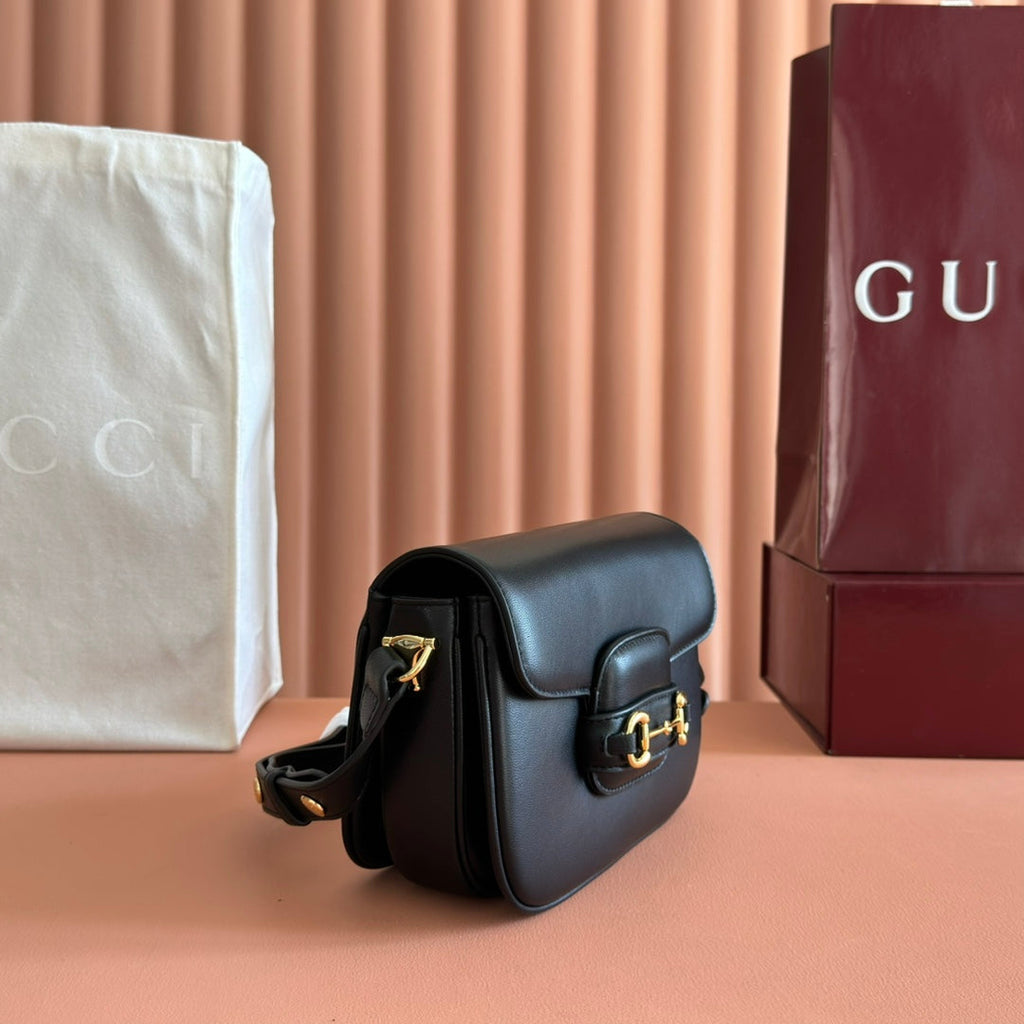GUCCI 25S HORSEBIT 1955 MINI BAG 20 CM IN BLACK CALFSKIN WITH GOLD HARDWARE