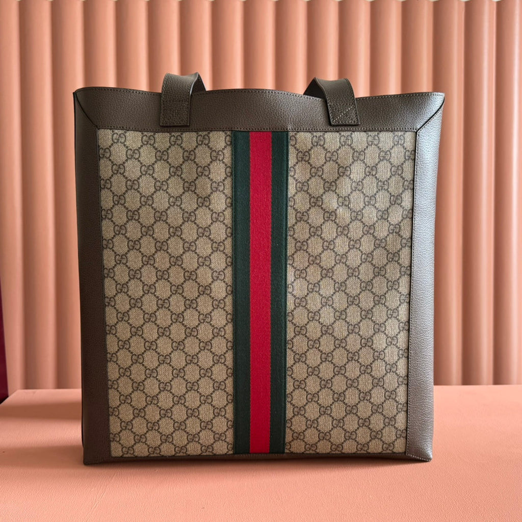 GUCCI 25S TOTE BAG 43 CM IN DARK BROWN MIX BEIGE LAMBSKIN WITH GOLD HARDWARE