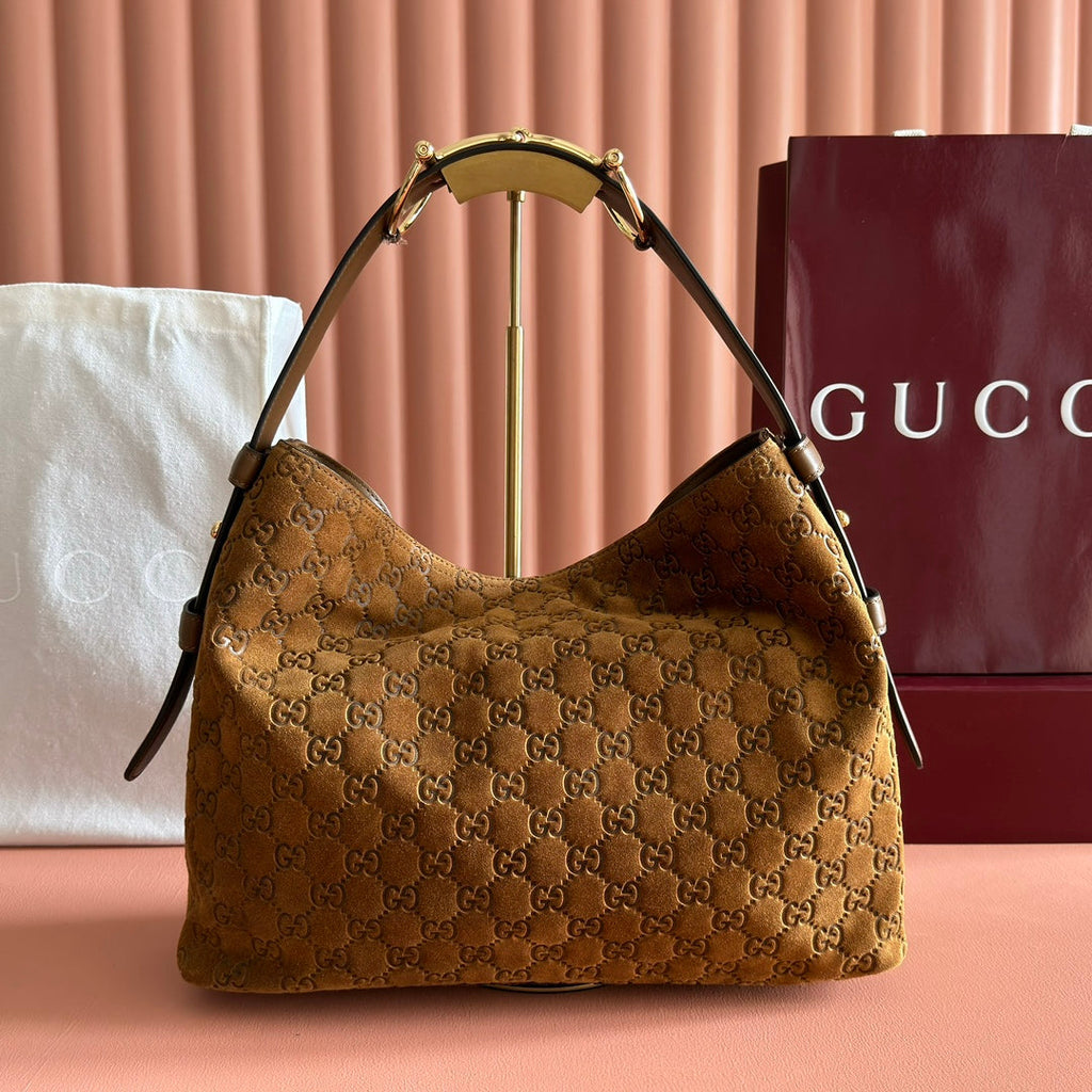 GUCCI 25S BEATRIX BAG 35 IN BROWN SUEDE WITH GOLD HARDWARE