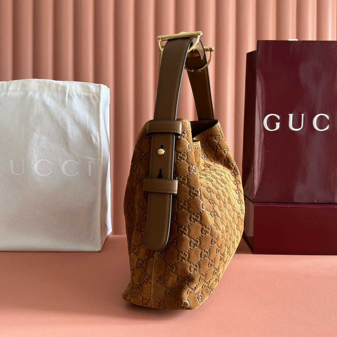 GUCCI 25S BEATRIX BAG 35 IN BROWN SUEDE WITH GOLD HARDWARE