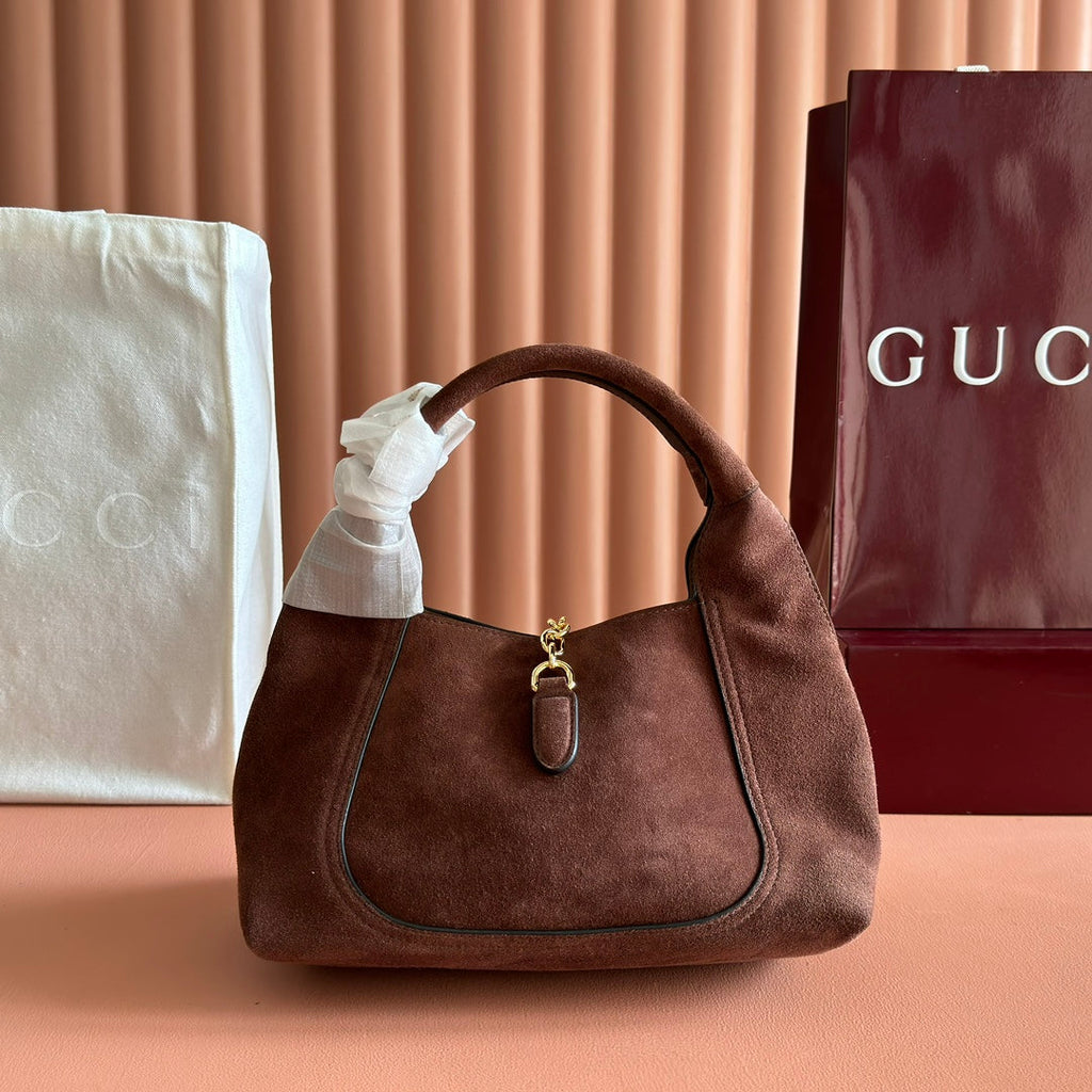 GUCCI 25S HANDBAG 28 CM IN DARK CACAO BROWN SUEDE WITH GOLD HARDWARE