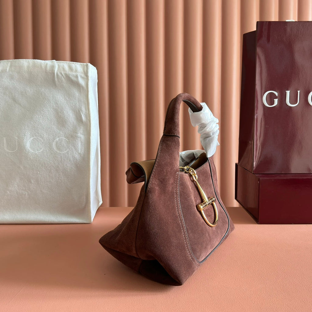 GUCCI 25S HANDBAG 28 CM IN DARK CACAO BROWN SUEDE WITH GOLD HARDWARE