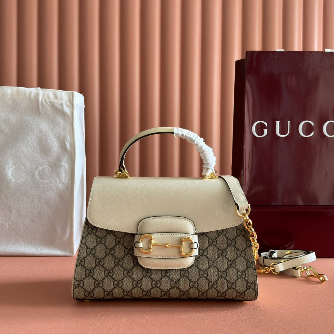 GUCCI 25S HORSEBIT 1955 MEDIUM SHOULDER BAG 29 CM IN BEIGE CANVAS AND CREAM WHITE CALFSKIN WITH GOLD HARDWARE