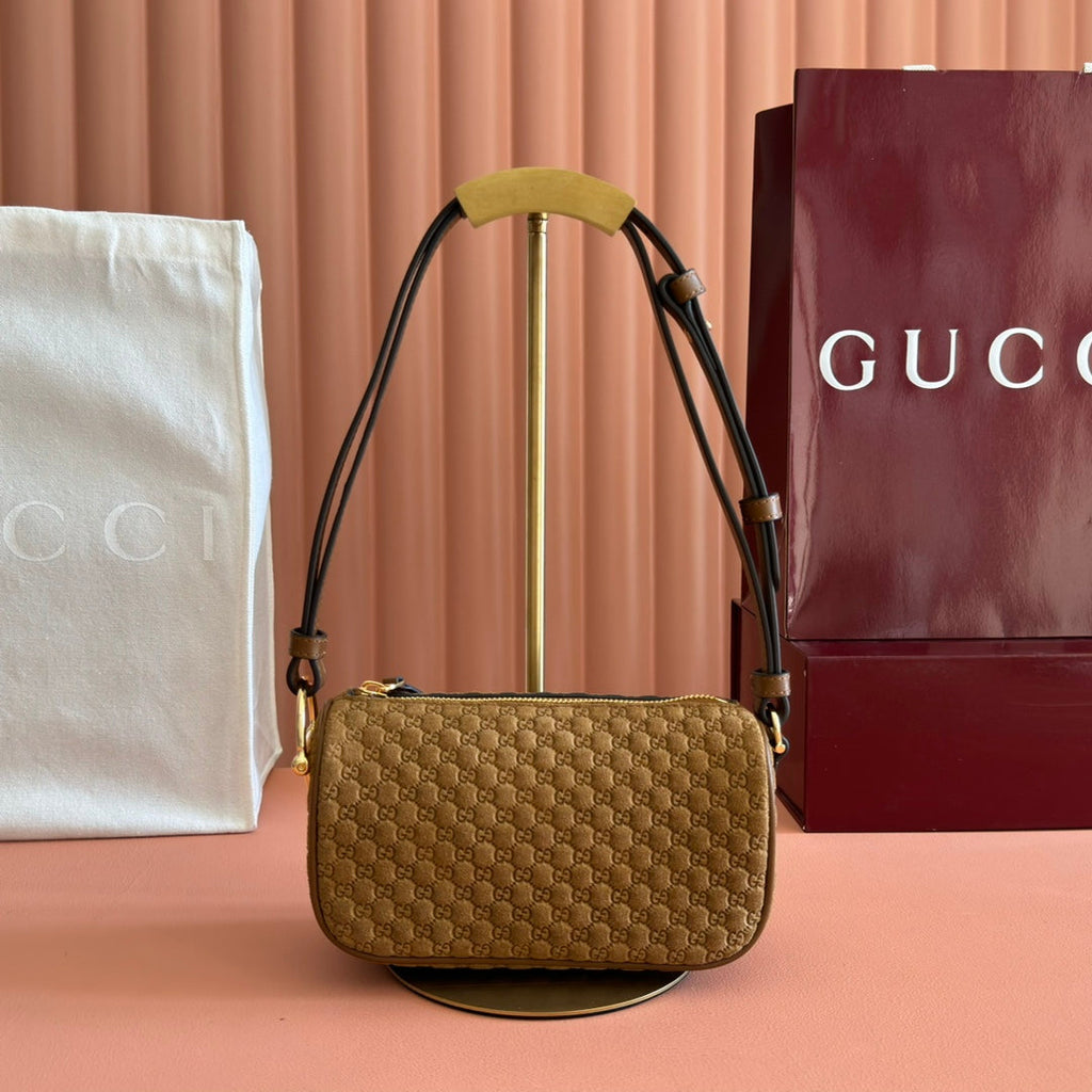 GUCCI 26S SHOULDER BAG 19 IN BROWN EMBOSSED SUEDE