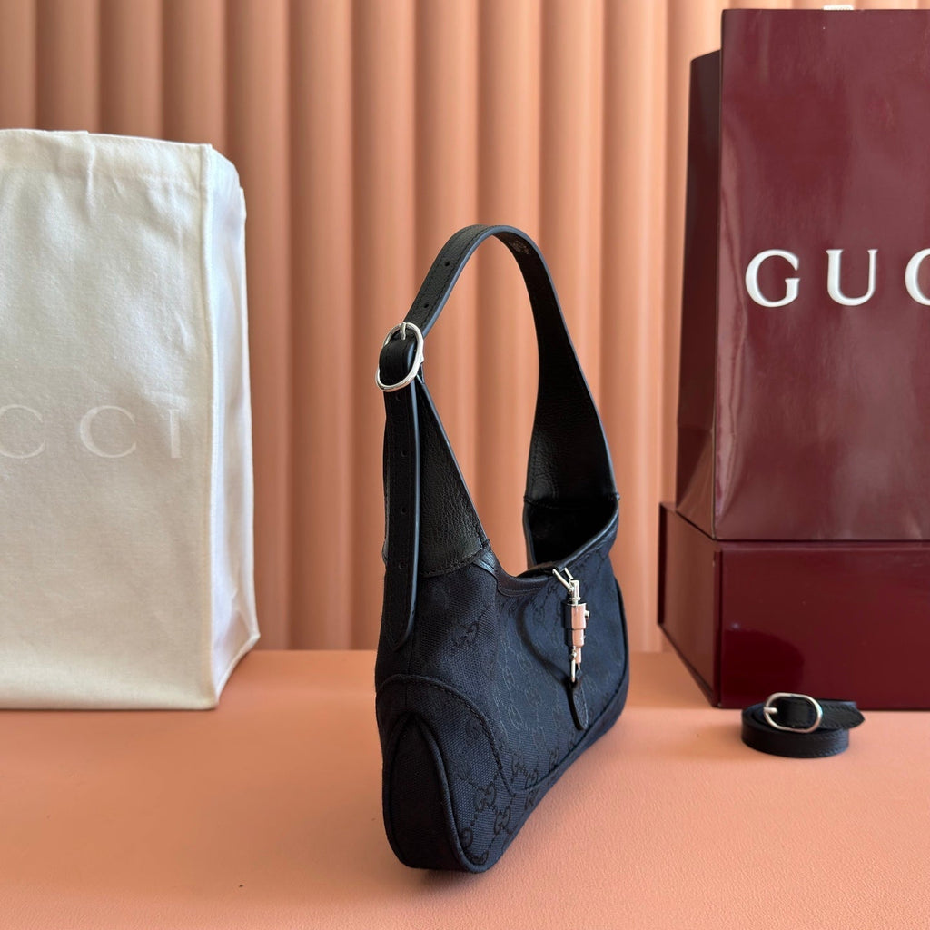 GUCCI 26S JACKIE SLIM SHOULDER BAG 27 IN BLACK CANVAS