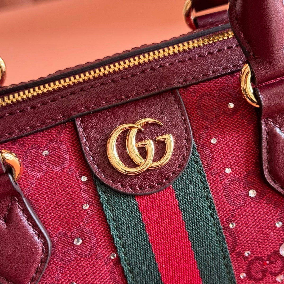 GUCCI 26S OPHIDIA BOSTON BAG 21 IN DARK RED CANVAS EMBELLISHED WITH RHINESTONES