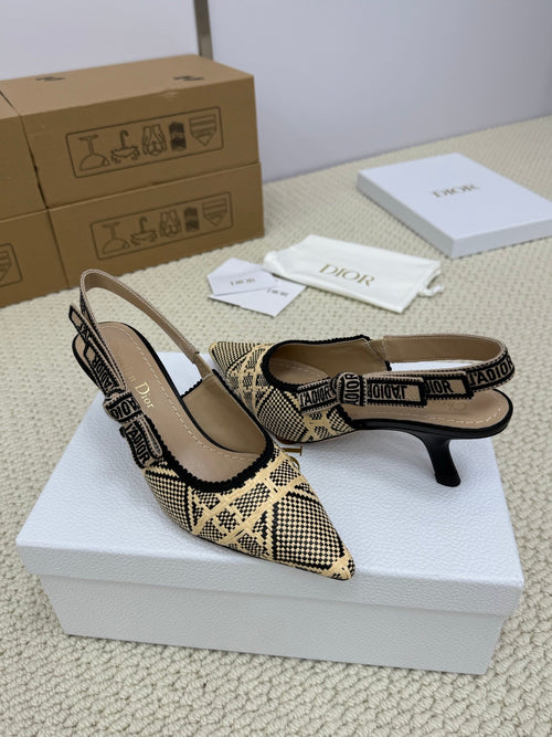 DIOR HIGH SLINGBACK 65 MM 25S IN BLACK AND BEIGE RAFFIA