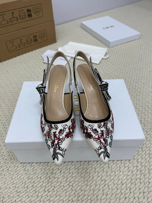 DIOR HIGH SLINGBACK 65 MM 25S IN WHITE FABRIC AND FLORAL PATTERN
