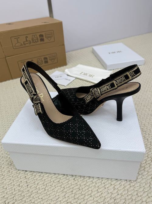 DIOR HIGH SLINGBACK 100 MM 25S IN BLACK FABRIC AND BRAND NAME EMBROIDERY