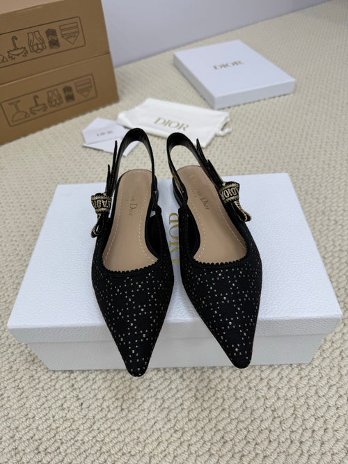 DIOR FLAT SLINGBACK 25S IN BLACK FABRIC AND BRAND NAME EMBROIDERY