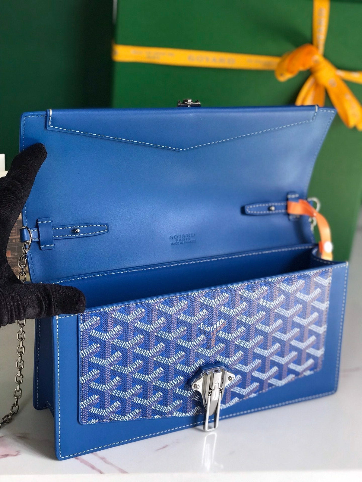 DUCHESSE MARIE-CAROLINE BAG 25 IN SAPPHIRE BLUE GOYARDINE CANVAS AND SMOOTH CALFSKIN
