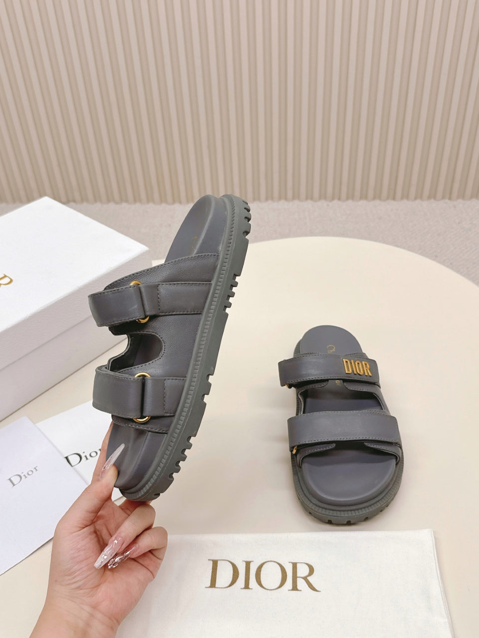 DIOR CLASSIC DOUBLE-STRAP SLIDES 25S IN ASH GRAY CALFSKIN