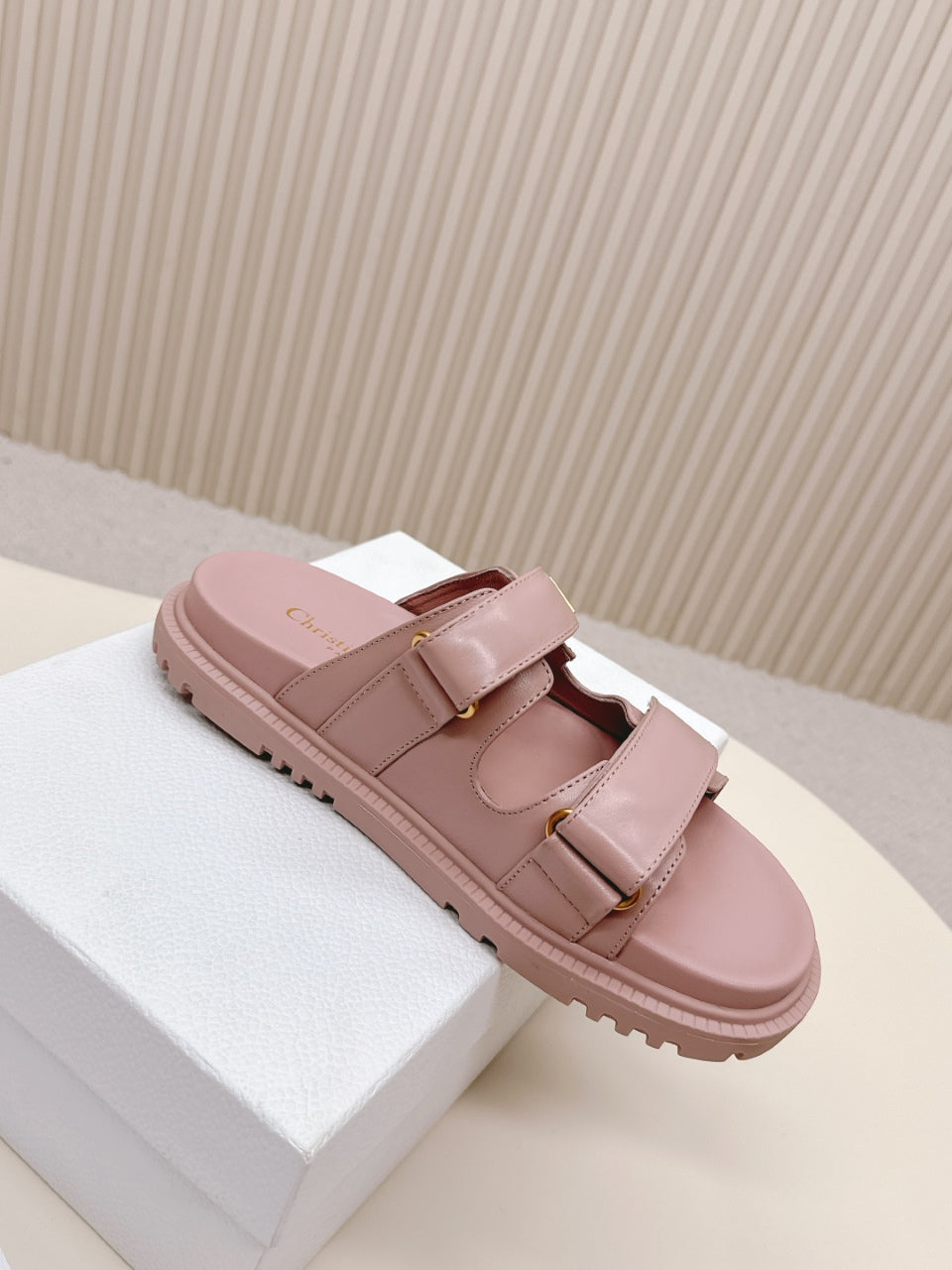 DIOR CLASSIC DOUBLE-STRAP SLIDES 25S IN BABY PINK CALFSKIN
