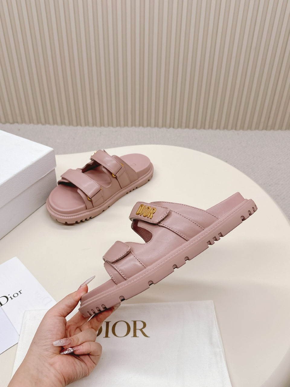 DIOR CLASSIC DOUBLE-STRAP SLIDES 25S IN BABY PINK CALFSKIN